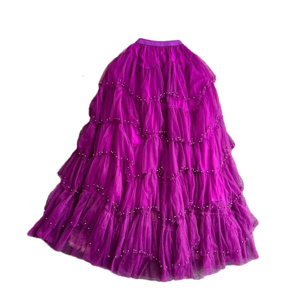 Elastic High Waisted Slimming Mid Length Nail Bead Mesh Lady Cake A-line Gauze Fluffy Skirt for Women Loose Waist Bifurcated Temperament Silk Dress De