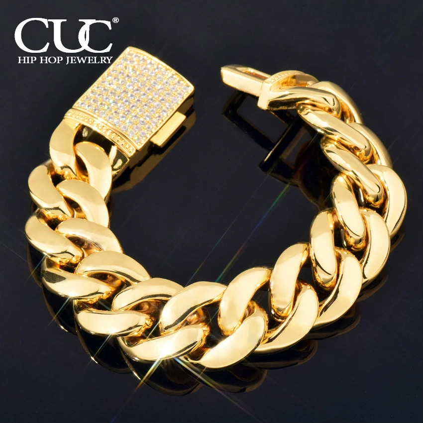 CUC Miami Cuban Bracelet 8mm 16mm 20mm Men Solid Hip Hop Chain Gold Silver Color with Zircon Clasp Lock Rapper Jewelry 240713