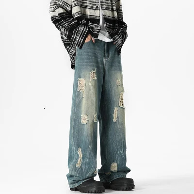 Summer autumn connection Tiktok quality lightning pattern hole dragging denim trousers male