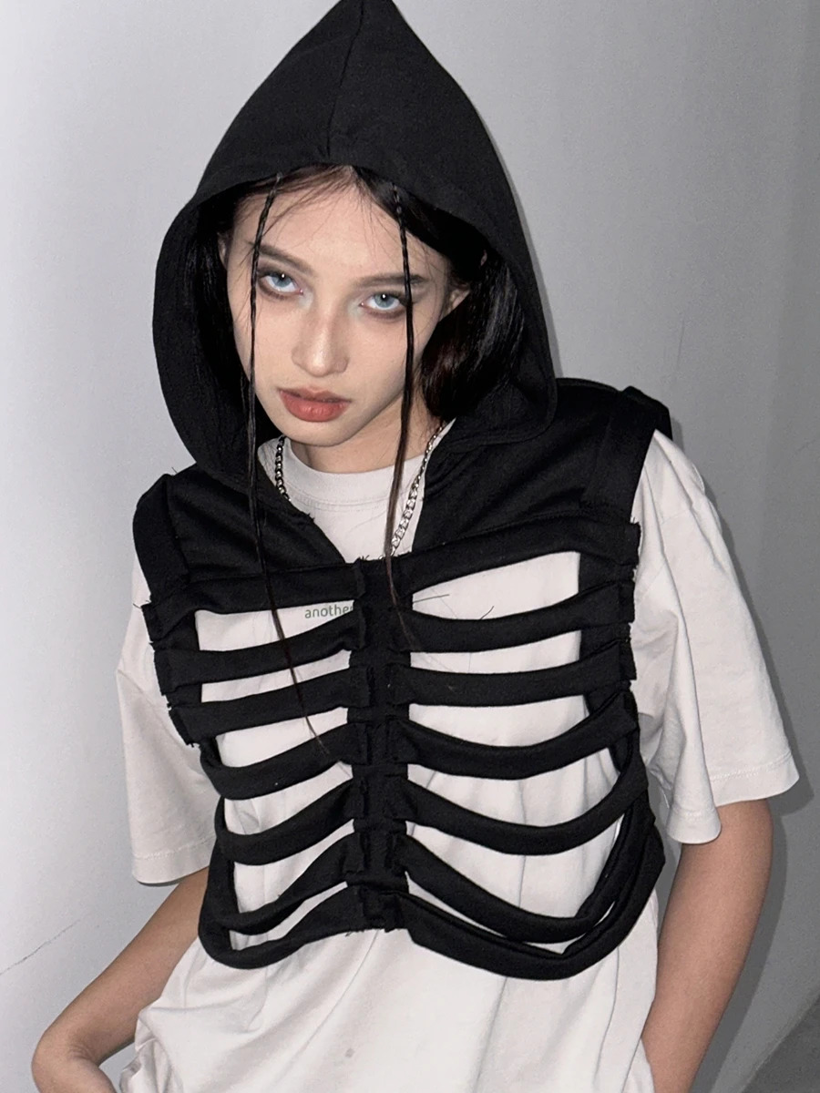 Men Women Vest Coat Chic Sleeveless Hooded Vest Hollowed Skeleton Gilet Solid Color Hoodie Streetwear for Party Club Grunge Y2K 240708