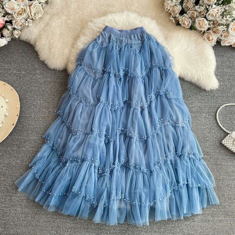 Elastic High Waisted Slimming Mid Length Nail Bead Mesh Lady Cake A-line Gauze Fluffy Skirt for Women Loose Waist Bifurcated Temperament Silk Dress De