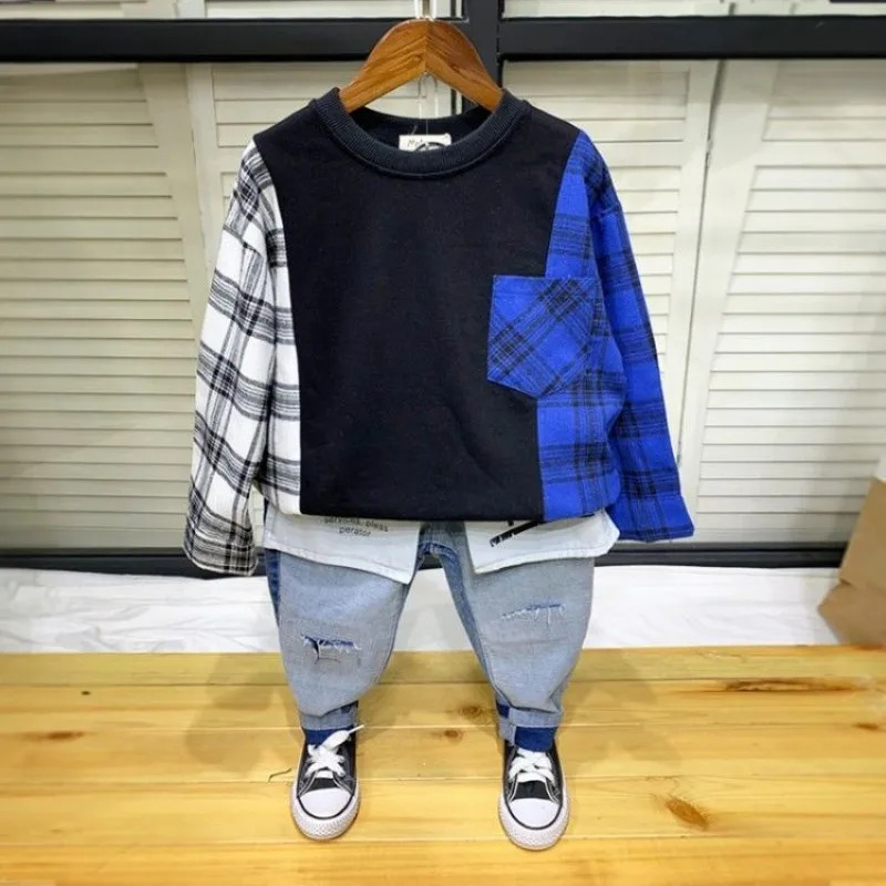 Childrens Patchwork Sweatshirts For Boys Cotton O-Neck Long Sleeve Boy Tops Kids Autumn Clothes 4 5 6 7 8 9 10 11 12 Years 240716