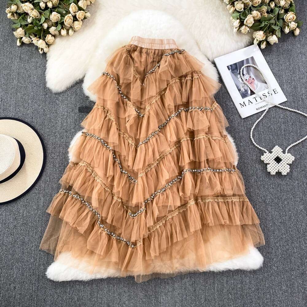 Fairy Mesh Womens Elastic Waist Slim A-line Diamond Embedding Skirt Long Over Knee Fluffy Cake Dress Summer Short Sexy Pregnant Womens Dress Round Nec