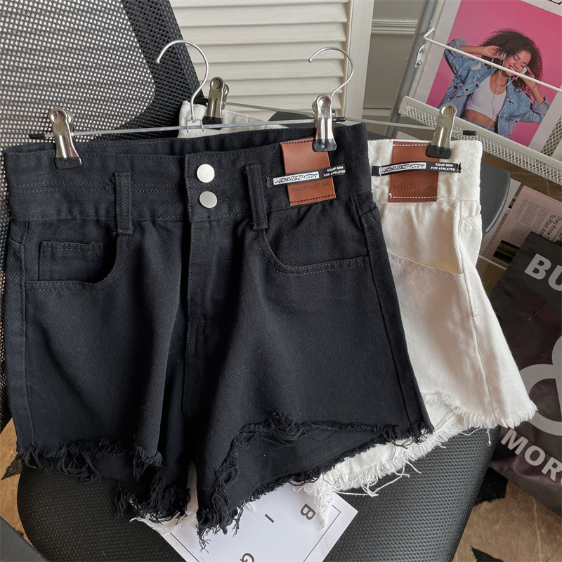 Blue denim shorts for women with high waist fringed edges, summer 2024 new style, loose A-line, slimming, spicy girl hot pants, spring and autumn