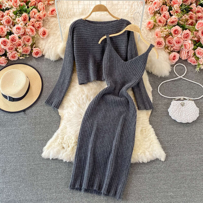 2021 Autumn Loose Round Neck Short Knitted Two Piece Set with Suspended Tank Top Skirt Slim Fit Dress Sexy Dress Short Sexy Temperament Novelty Round 