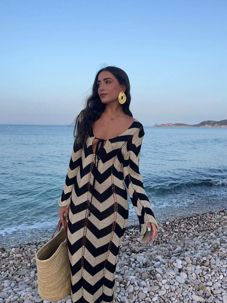 Elegant Hookflower Striped Knitted Long Dress Women V-neck Hollow Out Lace Up Long Sleeve Vestido Lady Vacation Robes 240715