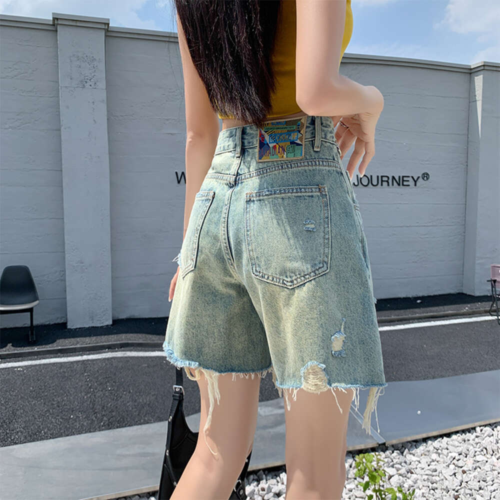 hole denim shorts for women in summer, thin cut, high waist, slimming effect. Broken hole, tassel, rough edge, loose wide leg, mid length pants, sweet