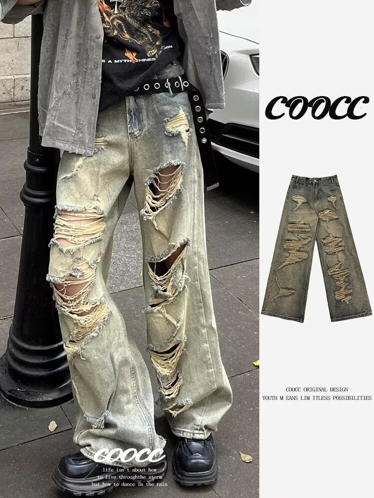 American style wasteland ripped jeans men's trendy casual floor loose straight wide leg long pants