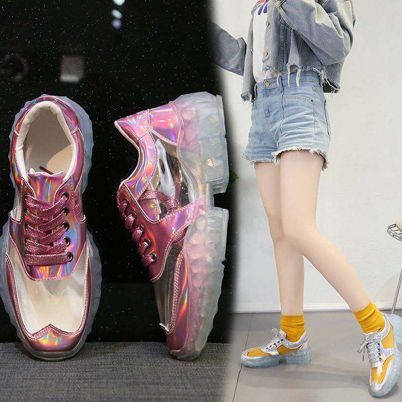 HBP Transparent Glitter Crystal Sole Flat Casual Shoes Cross Tied Women's Shoes Low Help Front Tie Color Blocking Ping He Round Head Sports Style