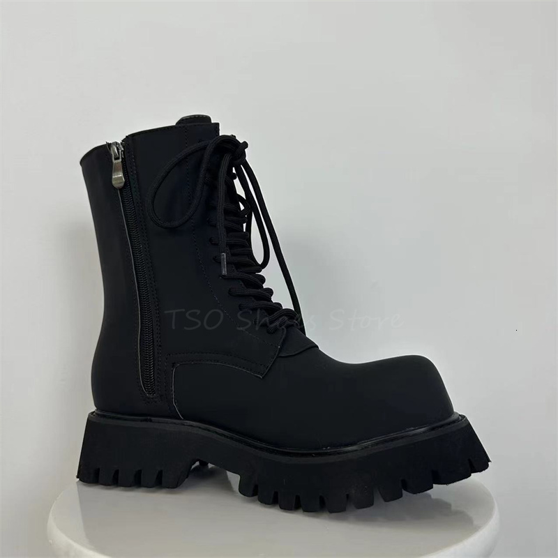 Big Black 2023 New Unisex British Round Toe Short Thick Soled Zipper Lace Up Boots Mid Booties Shoes 241109