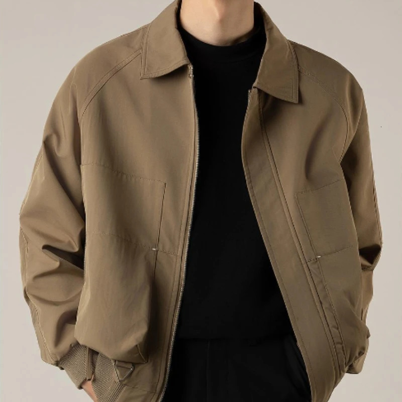 Mens elegant solid Brown black coat Loze Rappel plush top zipper short jacket vintage street wear 240709