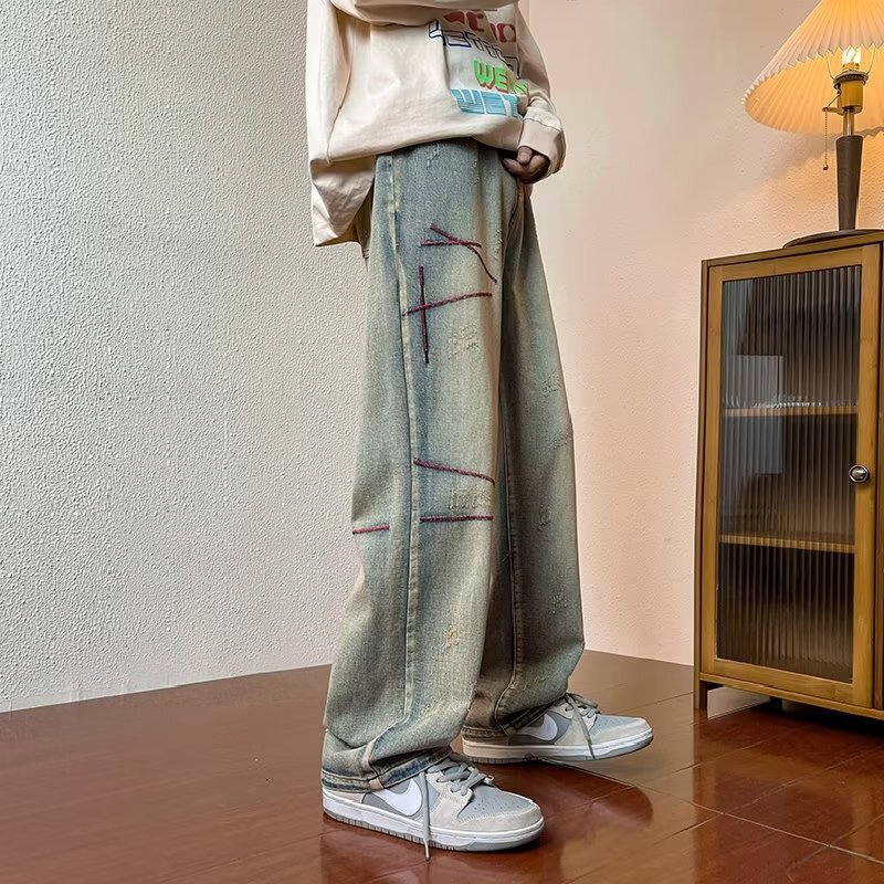Jeans, leg, loose fitting, straight zipper, autumn youthful, trendy, versatile, washed men's pants