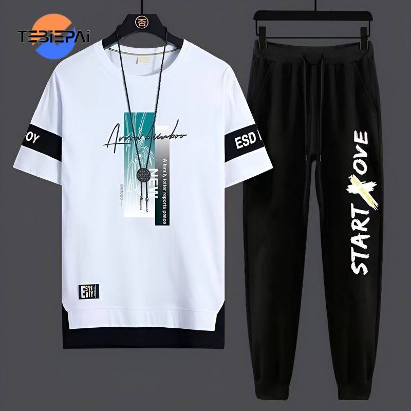 Men's casual sports Korean version loose fitting youth student short sleeved T-shirt trend two-piece set bu men