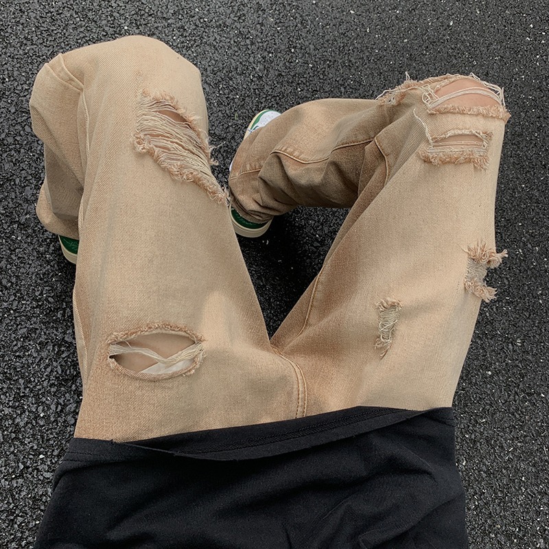 Washed brown jeans with holes, ins high men's fashion street pants, trendy brand loose straight leg pants