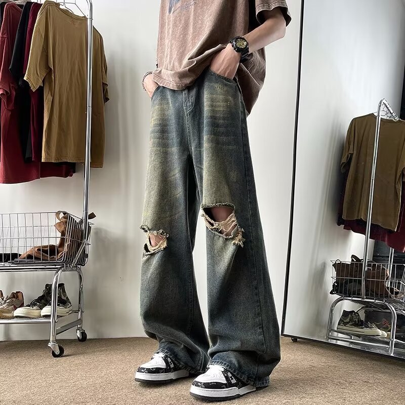 Ripped jeans men's summer thin style American high street straight pants, rugged handsome, loose and wide leg long pants