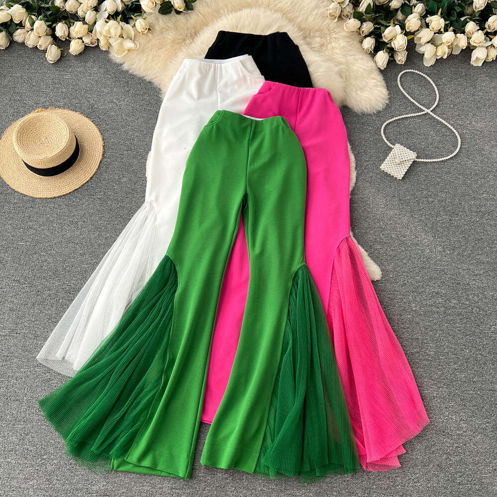 Trendy Brand Summer Women's Design Sense, Niche Mesh Patchwork Flared Fashionable Performance Clothing, Dance Pants, Trendy Overalls Jeans for Pr