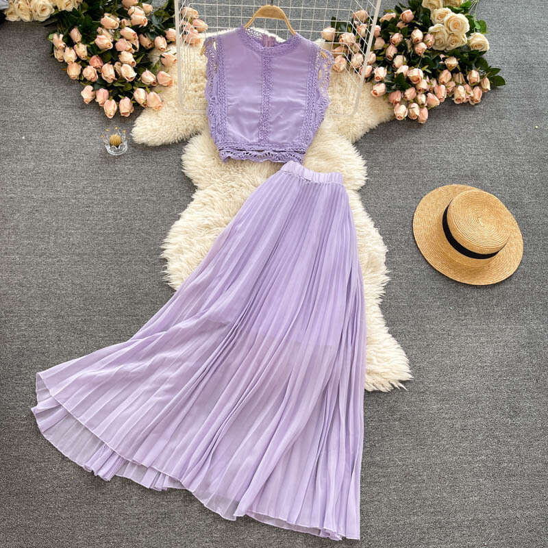 Seaside Vacation 2022 Summer Womens Lace Top, High Waist, Slim Look, Folded Chiffon Half Skirt, Two Piece Set Waist Sexy Oversize Dress Lace Dress
