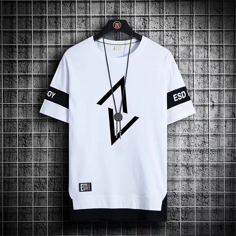 Two-piece Suit T Shirt for Men New Casual Sports Korean Version Loose Short-sleeved T-shirt Round Neck Pure Cotton Men's Trend