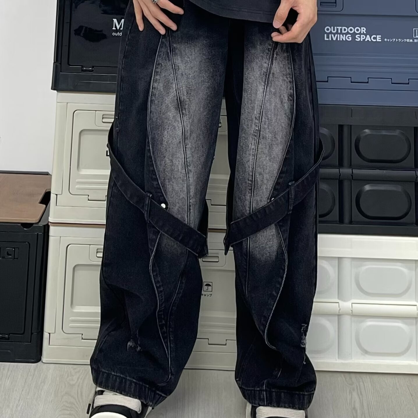 High Trendy Washed Structure Strap Jeans with American Street Design Gradient Splicing Pants