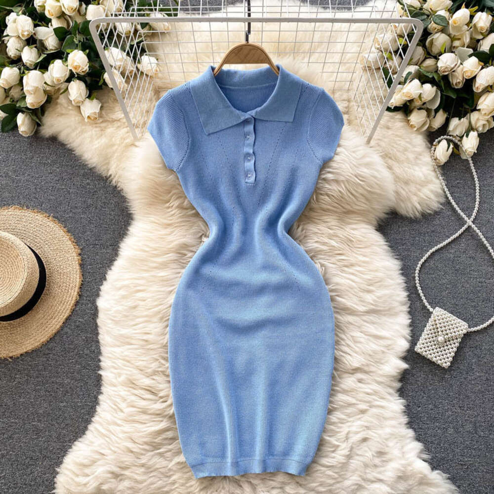 Short Sleeved Knitted 2021 New Summer Dress Womens POLO Collar Slim Fit Short Style Temperament Solid Color Hip Hugging Skirt Bifurcated Round Neck Dr