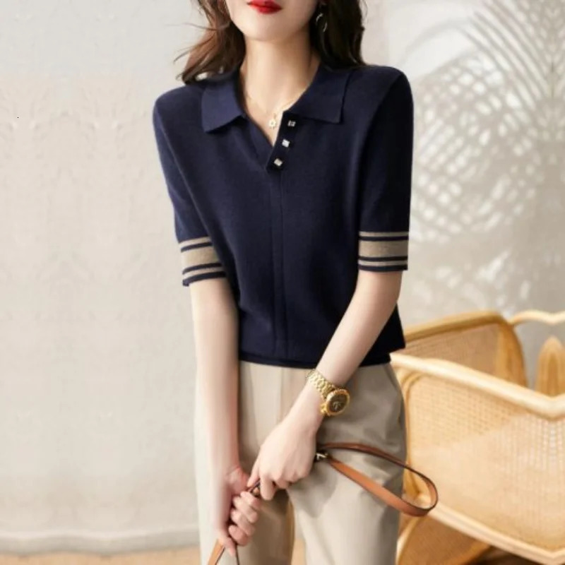 Short Sleeve Polo Shirts Woman Black Women Vintage Sweatshirt Flower Knitted Korean Shirt High Quality Top Cotton 240713