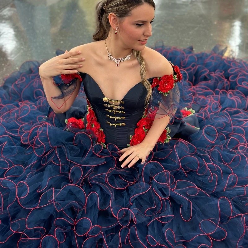 Navy Blue Womens Off the Shoulder Quinceanera Dress Applique Flower Tull Tiered Ball Gowns Sweep Train Vestido de 15 Anos Sweet