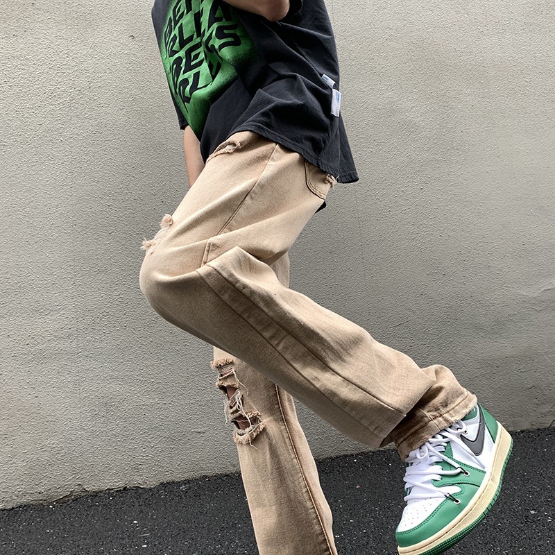 Washed brown jeans with holes, ins high men's fashion street pants, trendy brand loose straight leg pants