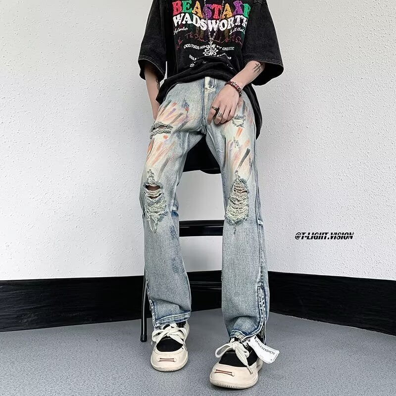 Graffiti distressed jeans for men with summer design sense, niche zippered pants, high street vibe American hip-hop straight leg pants