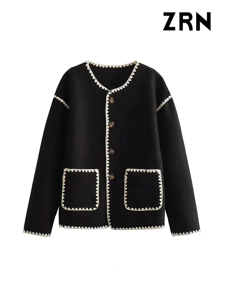 ZRN Women Fashion With Pockets Contrast Loose Woolen Jacket Coat Vintage Long Sleeve Buttonup Female Outerwear Chic Tops
