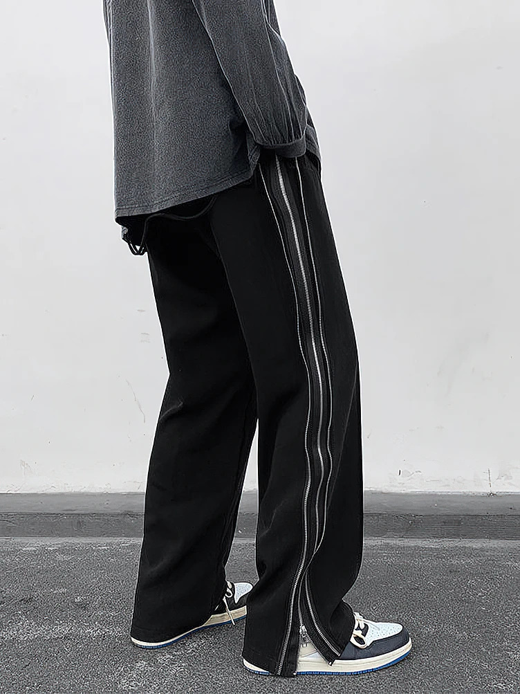 Streetwear Side Split Zipper Loose Casual Straight Pants Men Outdoor Y2k Black Parachute Long Trousers 240717