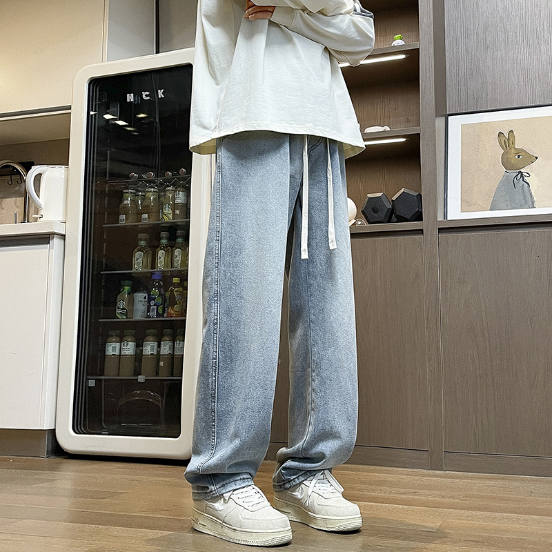 Spring New American High Street Jeans with Men's Loose Straight Drawstring Design
