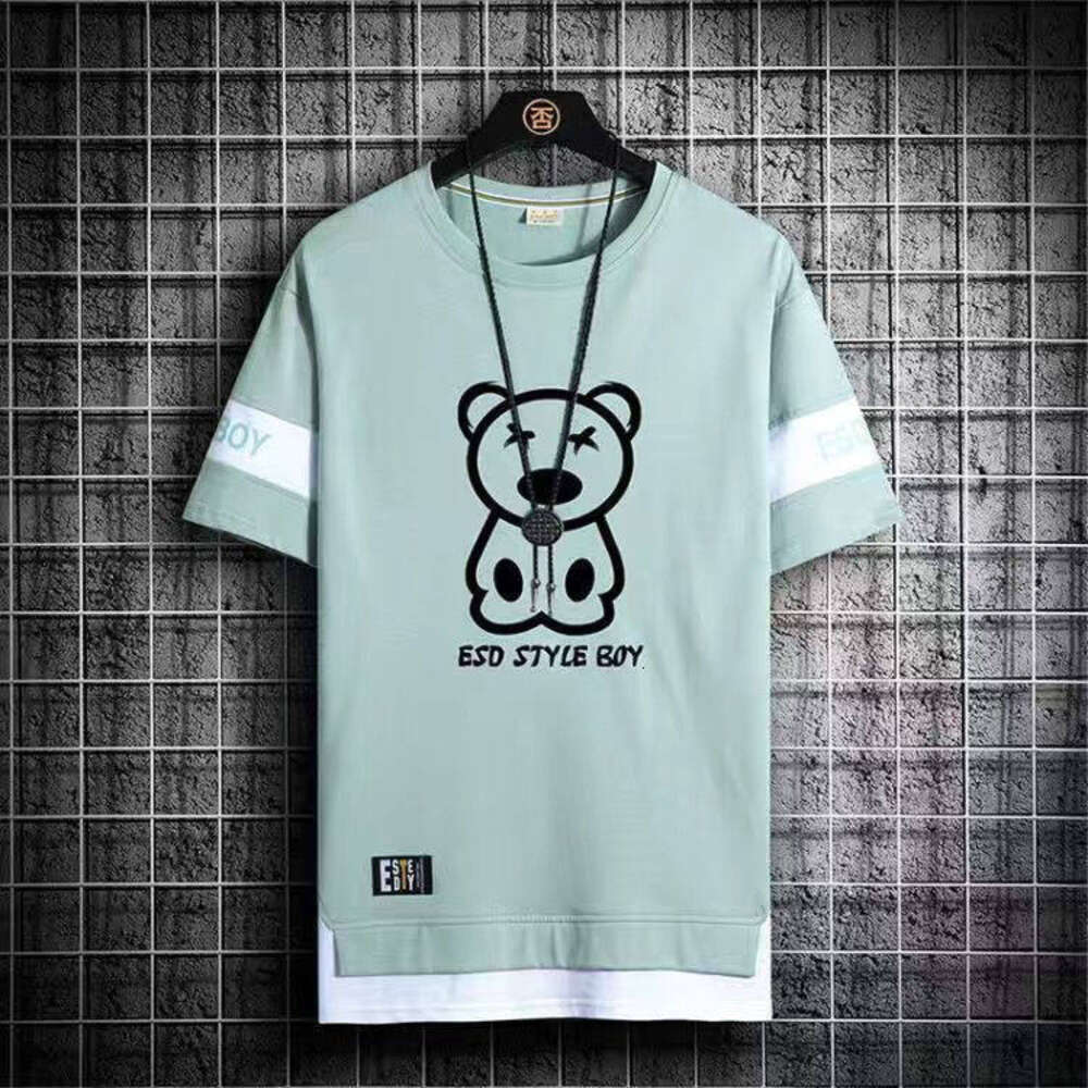 Summer printed short-sleeved t-shirt men's tide brand new loose fake two-piece five-point sleeve ins trend all-match half-sleeve top