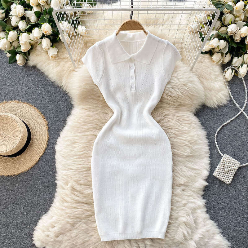 Short Sleeved Knitted 2021 New Summer Dress Womens POLO Collar Slim Fit Short Style Temperament Solid Color Hip Hugging Skirt Bifurcated Round Neck Dr