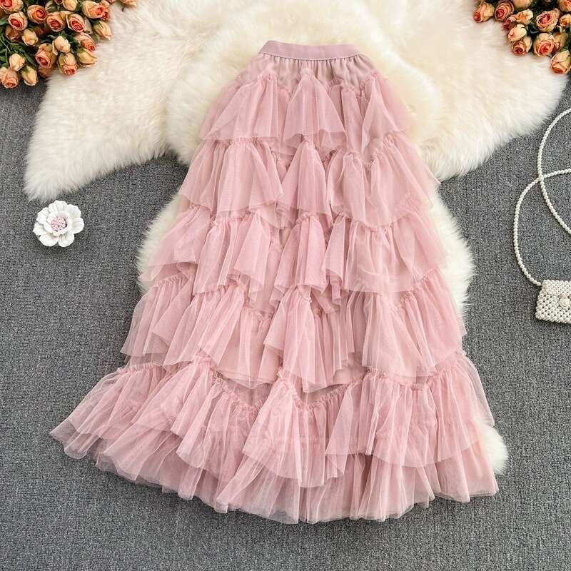 Fashionable Mesh Puffy Cake Medium Length Elastic and Elegant Irregular Gauze Fairy Skirt, Summer Temperament Self-cultivation Waist Lace Dress