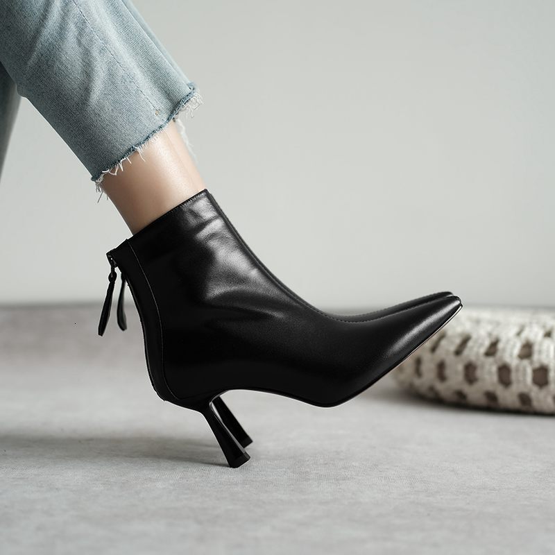 Krazing Pot Big Size 42 Cow Leather Pointed Toe High Heels Chic Design Concise Winter Spring Shoe Dress Warm Wedding Ankle Boots