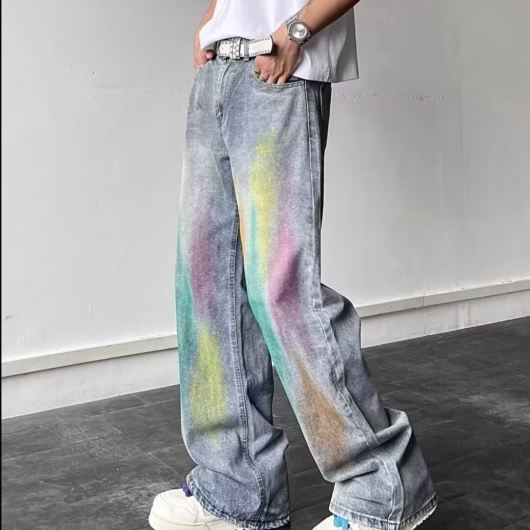 American style high street rainbow graffiti design jeans men's trendy brand loose and versatile straight leg hanging pants