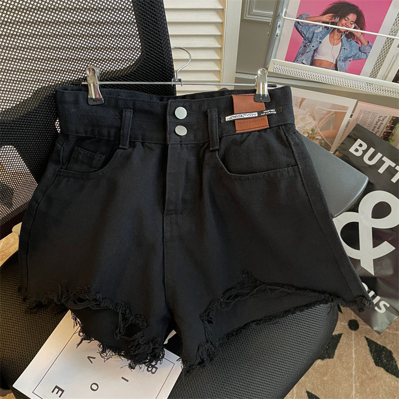 Blue denim shorts for women with high waist fringed edges, summer 2024 new style, loose A-line, slimming, spicy girl hot pants, spring and autumn