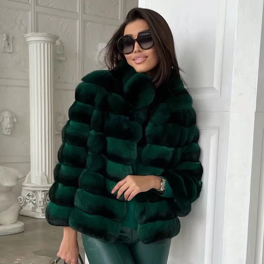 Women Rex Rabbit Fur Coat Winter Chinchilla Colour Fur Coat Winter Jacket Women Natural Short Fur Coat 240708