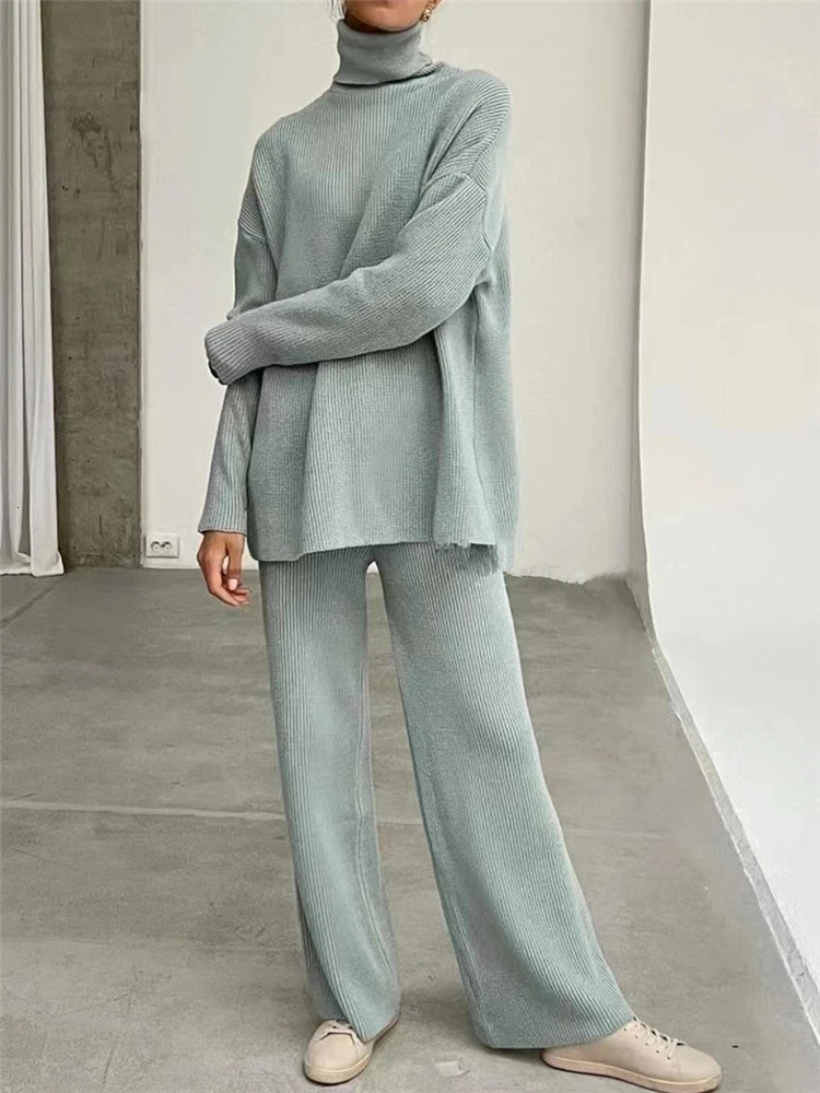 2 Pieces Women Sets Knitted Tracksuit Turtleneck Sweater and Wide Leg Jogging Pants Pullover Suit 240715
