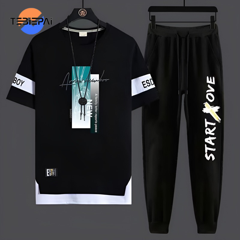 Men's casual sports Korean version loose fitting youth student short sleeved T-shirt trend two-piece set bu men
