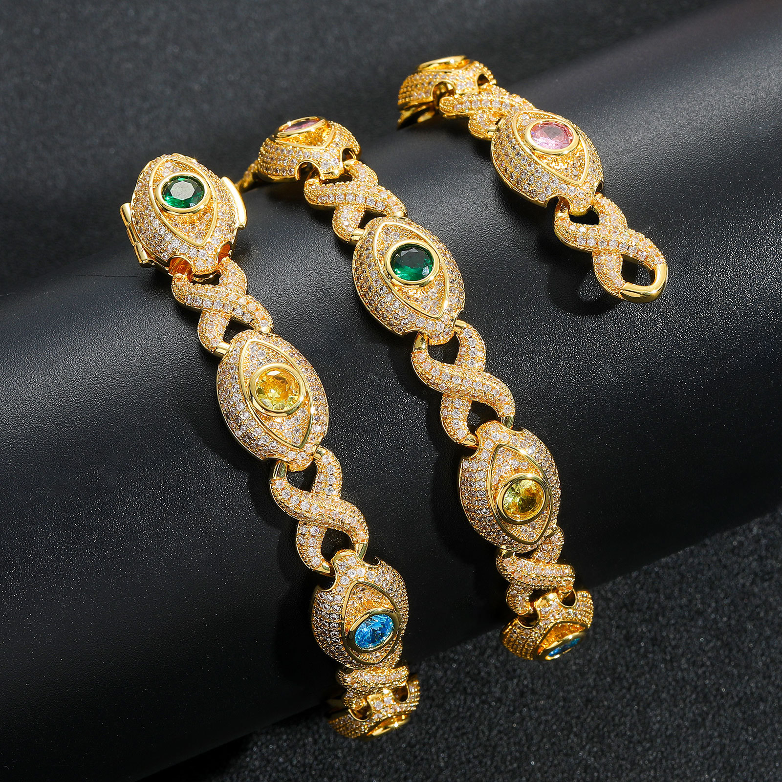 Hip Hop Colorful Eye Cuban Chain Necklace Bracelets 5A Zircon Mens Jewelry Set