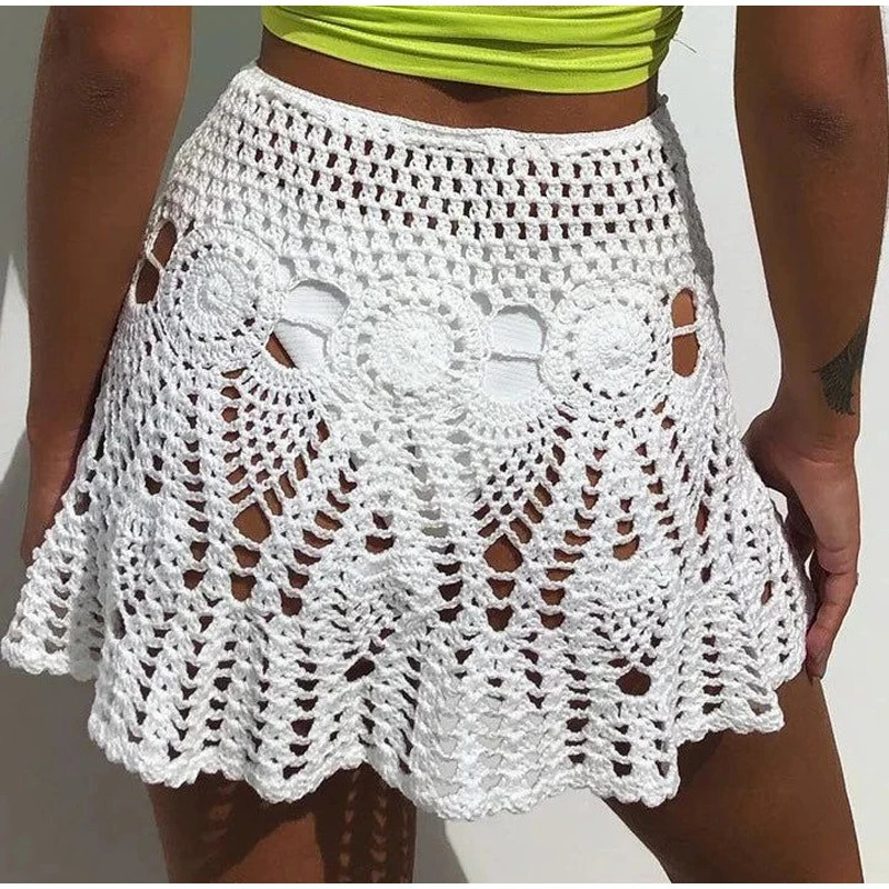 Handmade Crochet Womens Sexy Beach SkirtSolid ColorHollow Braided Tassel Womens Short SkirtFashion Swimsuit Bikini 240710