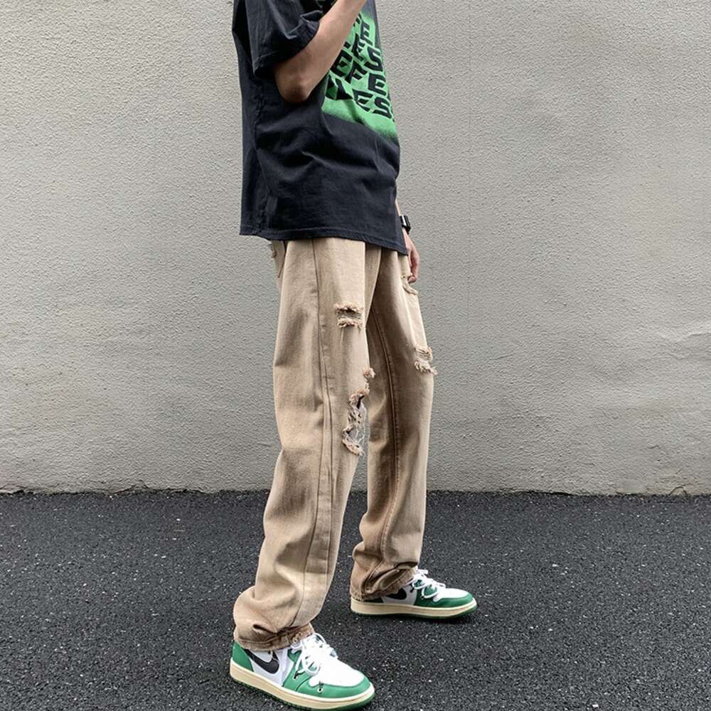 Washed brown jeans with holes, ins high men's fashion street pants, trendy brand loose straight leg pants