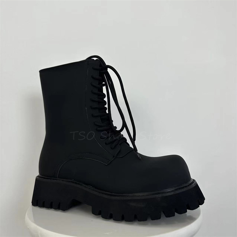 Big Black 2023 New Unisex British Round Toe Short Thick Soled Zipper Lace Up Boots Mid Booties Shoes 241109