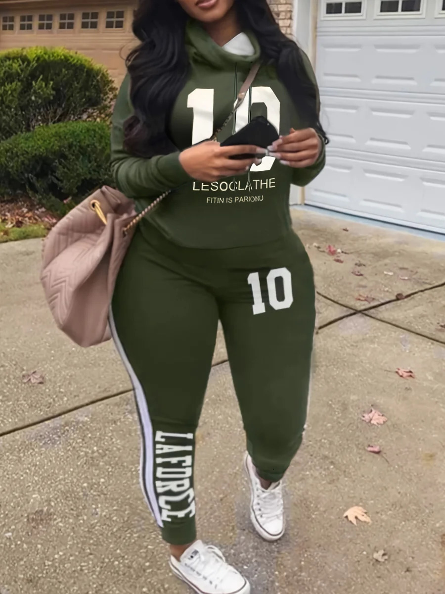 5XL LW Plus Size Autumn Winte Letter Print Regular Striped Long Sleeve Basic Sporty Fashionable Turtleneck Hooded Blue Pants Set 240709