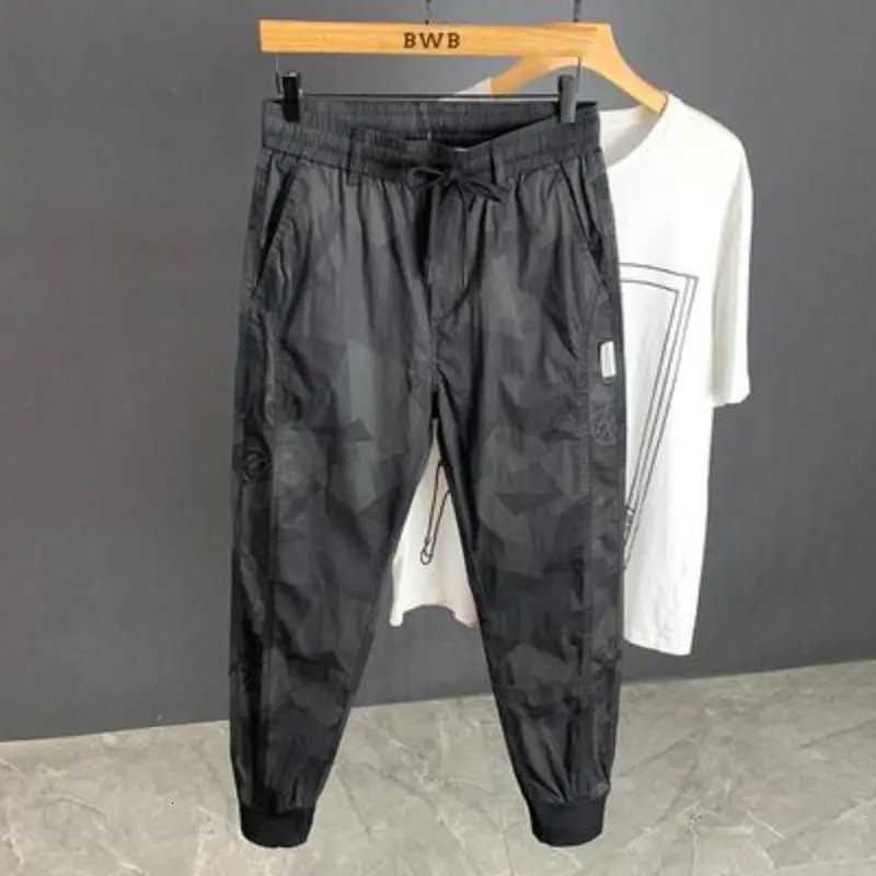 Summer High Street Y2K Printing Ankle Length Pants Man Fashion Elastic Waist Pockets Thin Style Street Motion Encil Pant 240717