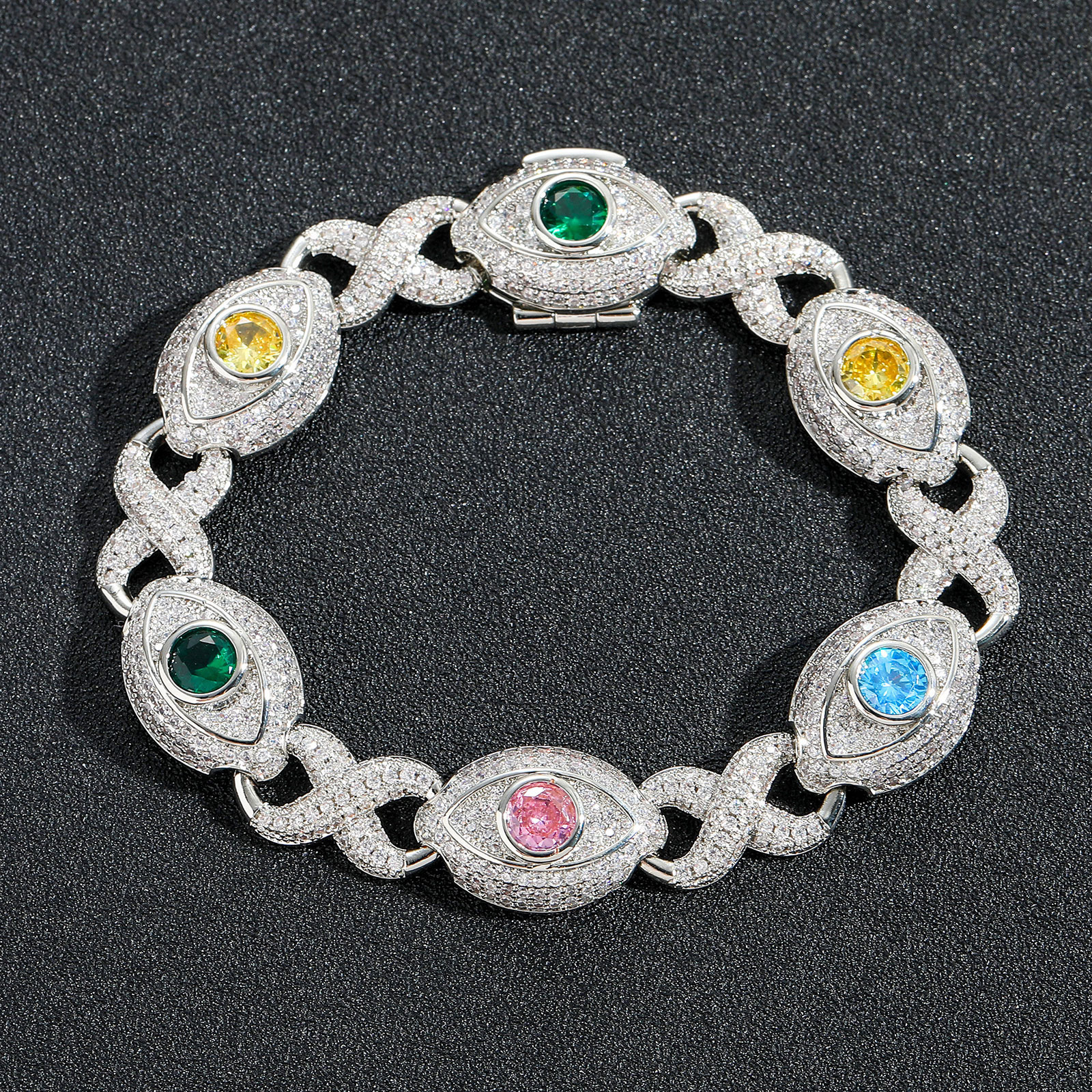 Hip Hop Colorful Eye Cuban Chain Necklace Bracelets 5A Zircon Mens Jewelry Set