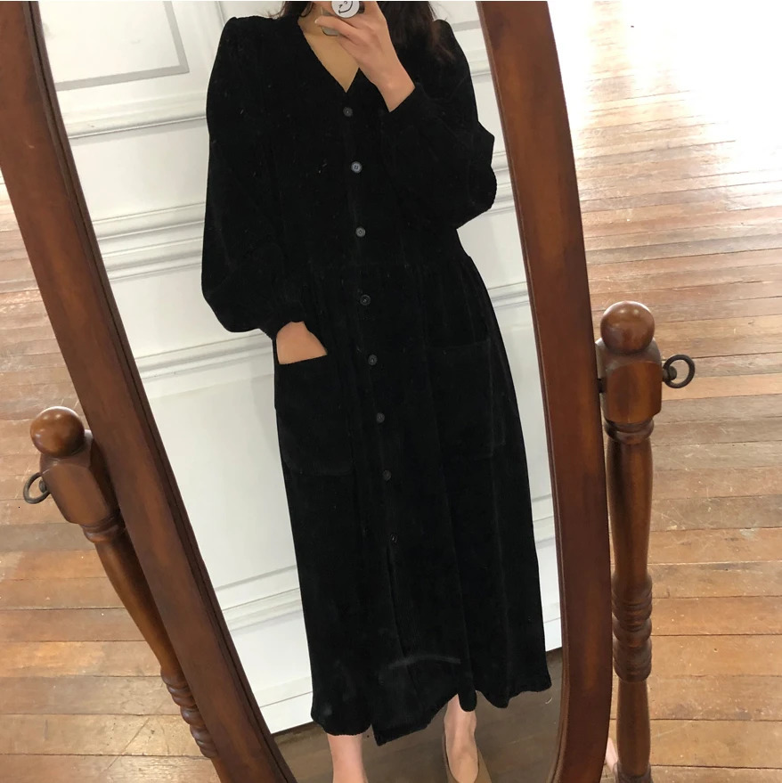 Women Autumn Winter Vintage Long Dress Elegant Full Sleeve Single Breasted Tunic Casual Corduroy with Pocket Vestidos 240712
