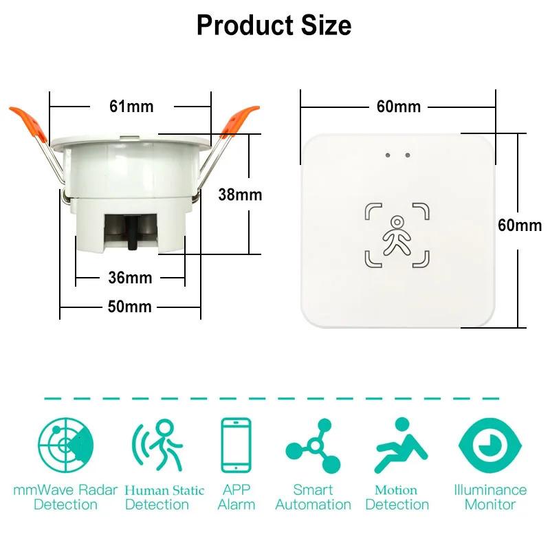 Intelligent WiFi/Zigbee millimeter wave radar motion sensor human presence detector with brightness/distance detection 5/110/220V 240710