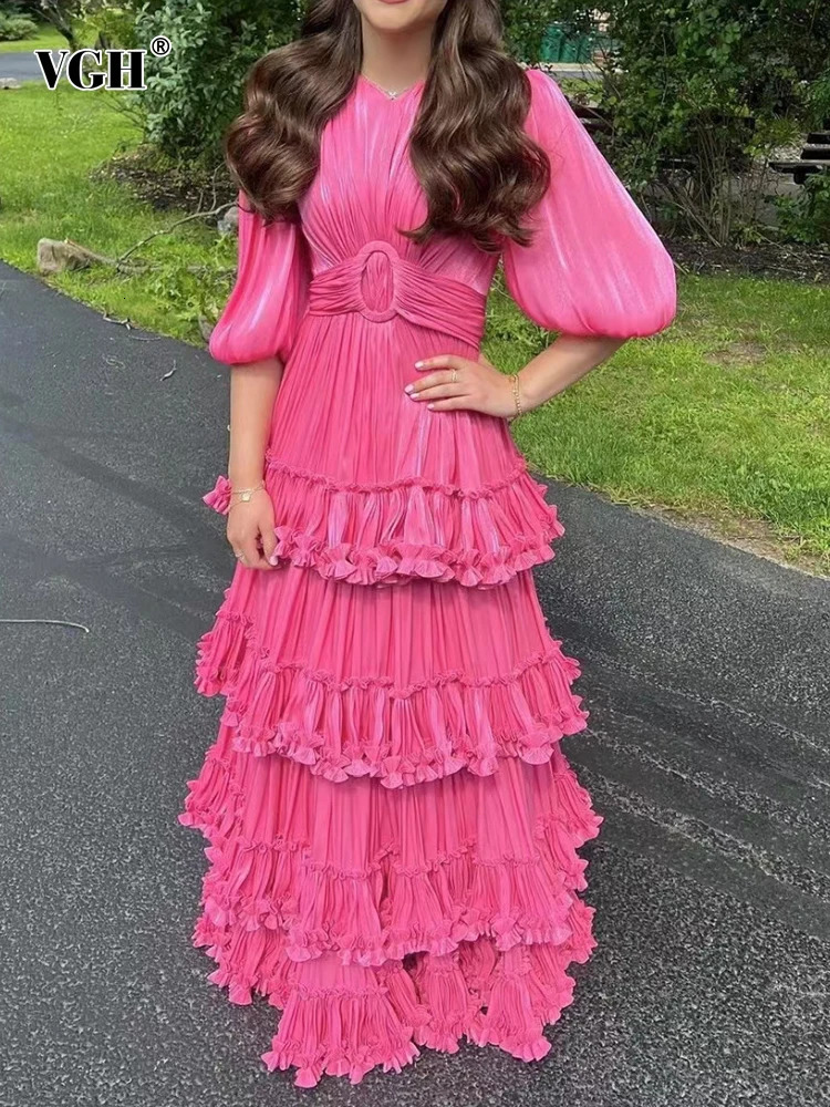 VGH Patchwork Edible Tree Fungus Elegant Dresses For Women Round Neck Puff Sleeve High Waist Temperament Tunic Dress Female 240712